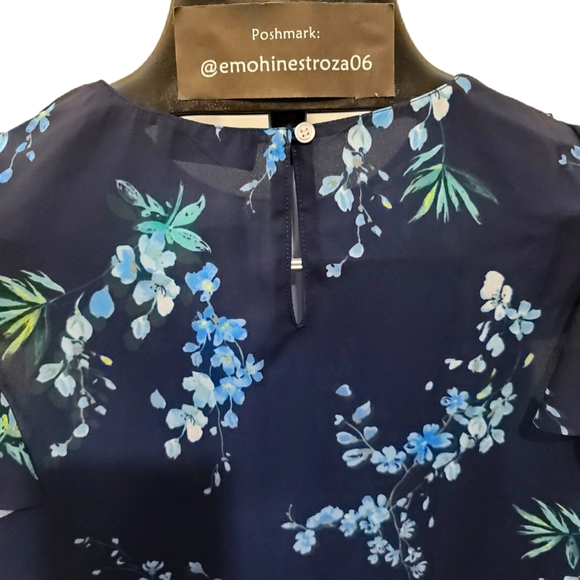 T Tahari Womens Navy Floral Print Ruffled Blouse T - Picture 6 of 7